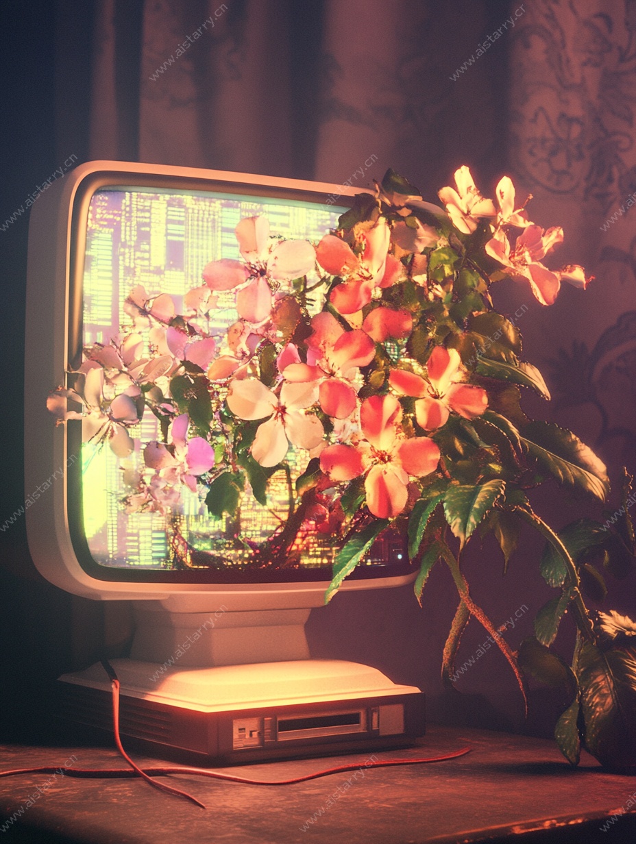 复古电视中绽放的梦幻花朵