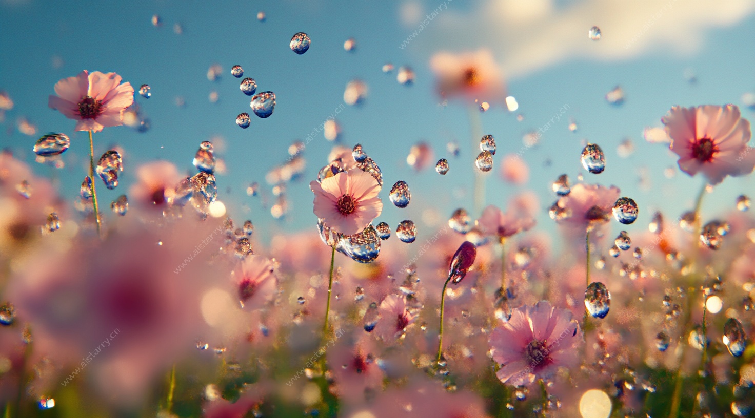 晨露中的烂漫粉色小花