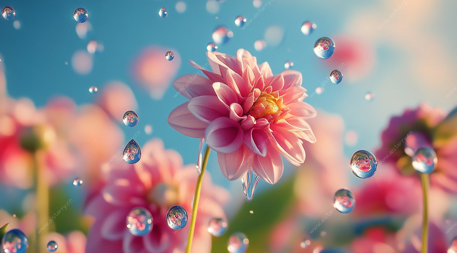 带水珠的粉色大丽花