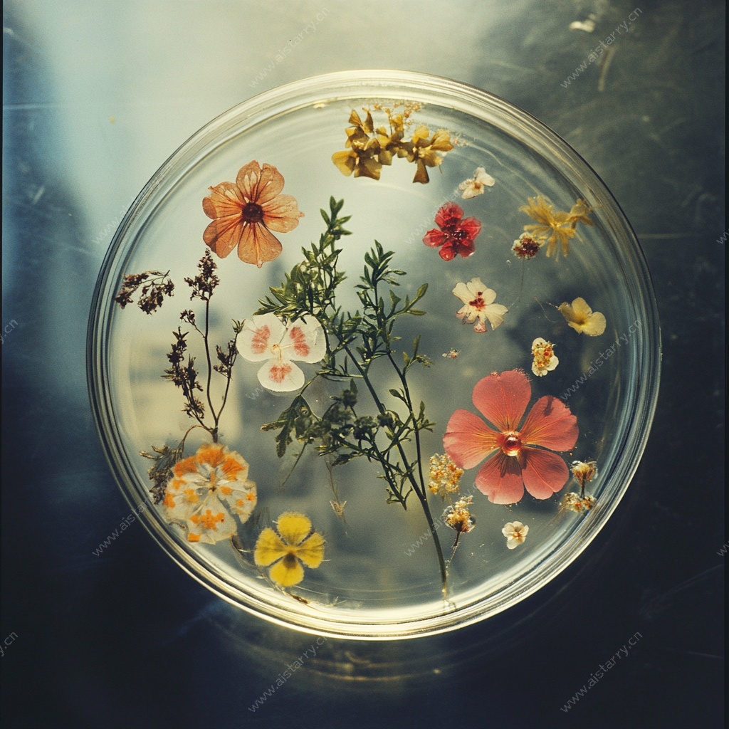 培养皿中的多彩花卉标本