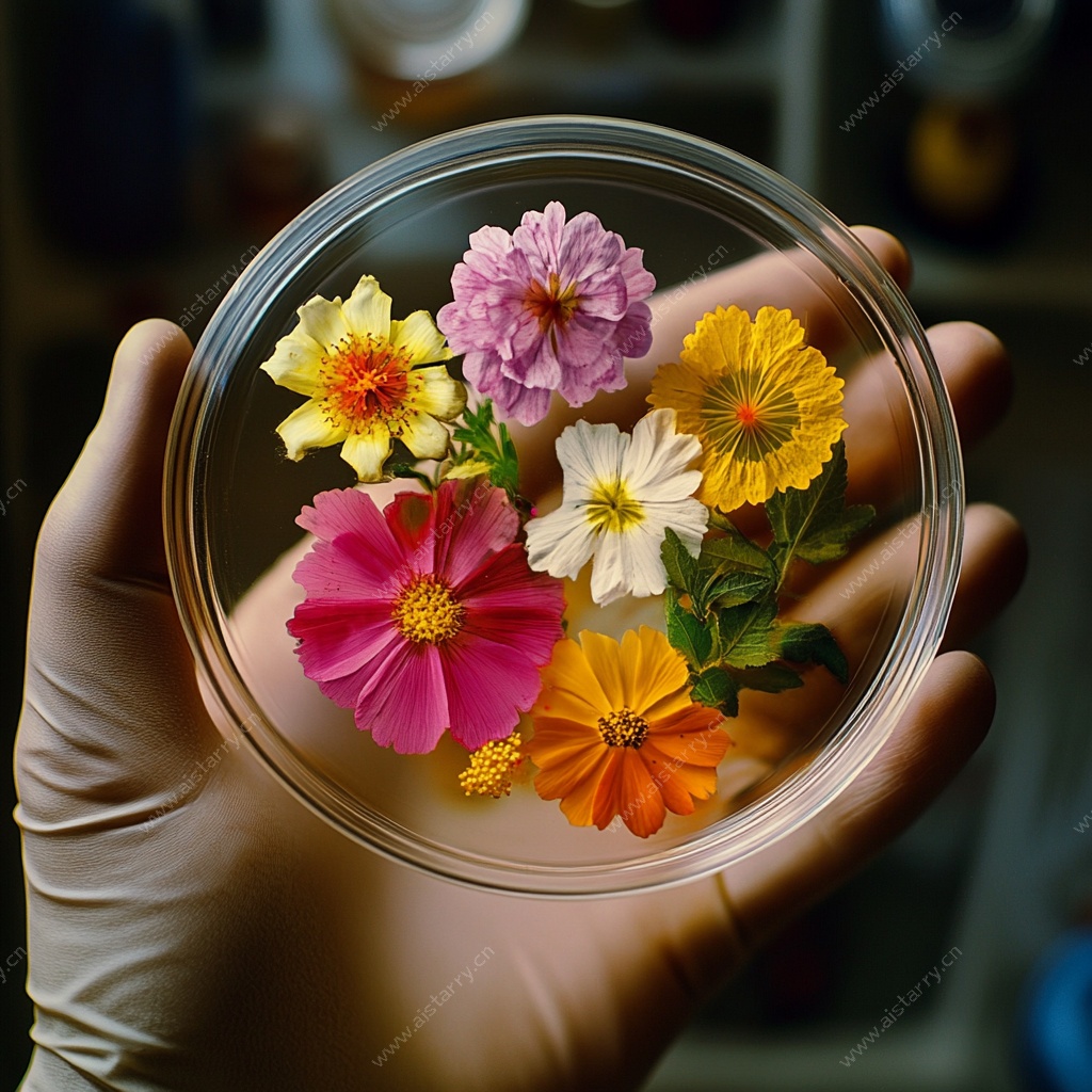 手捧培养皿中的多彩花卉