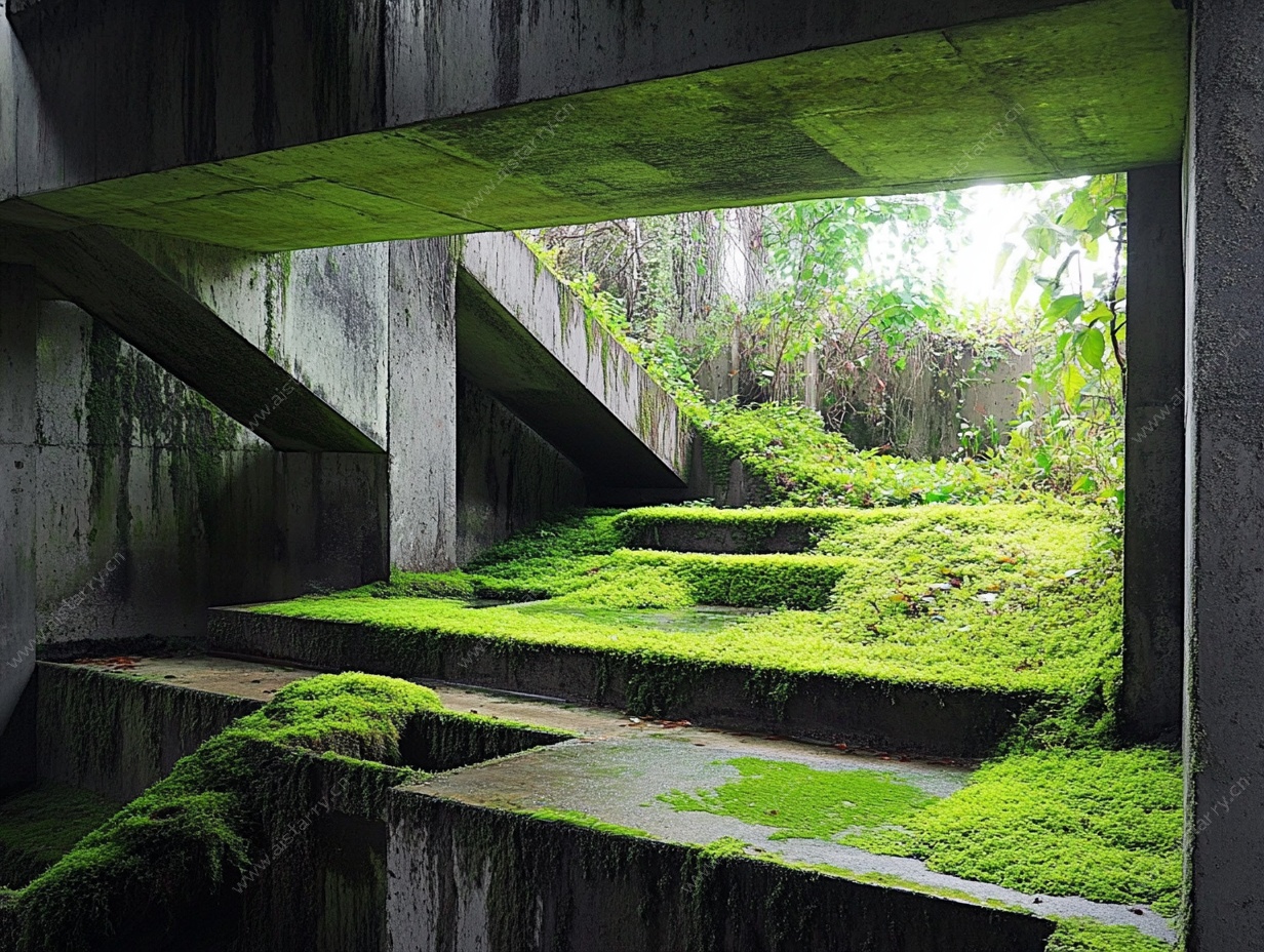 水泥建筑上的翠绿苔藓