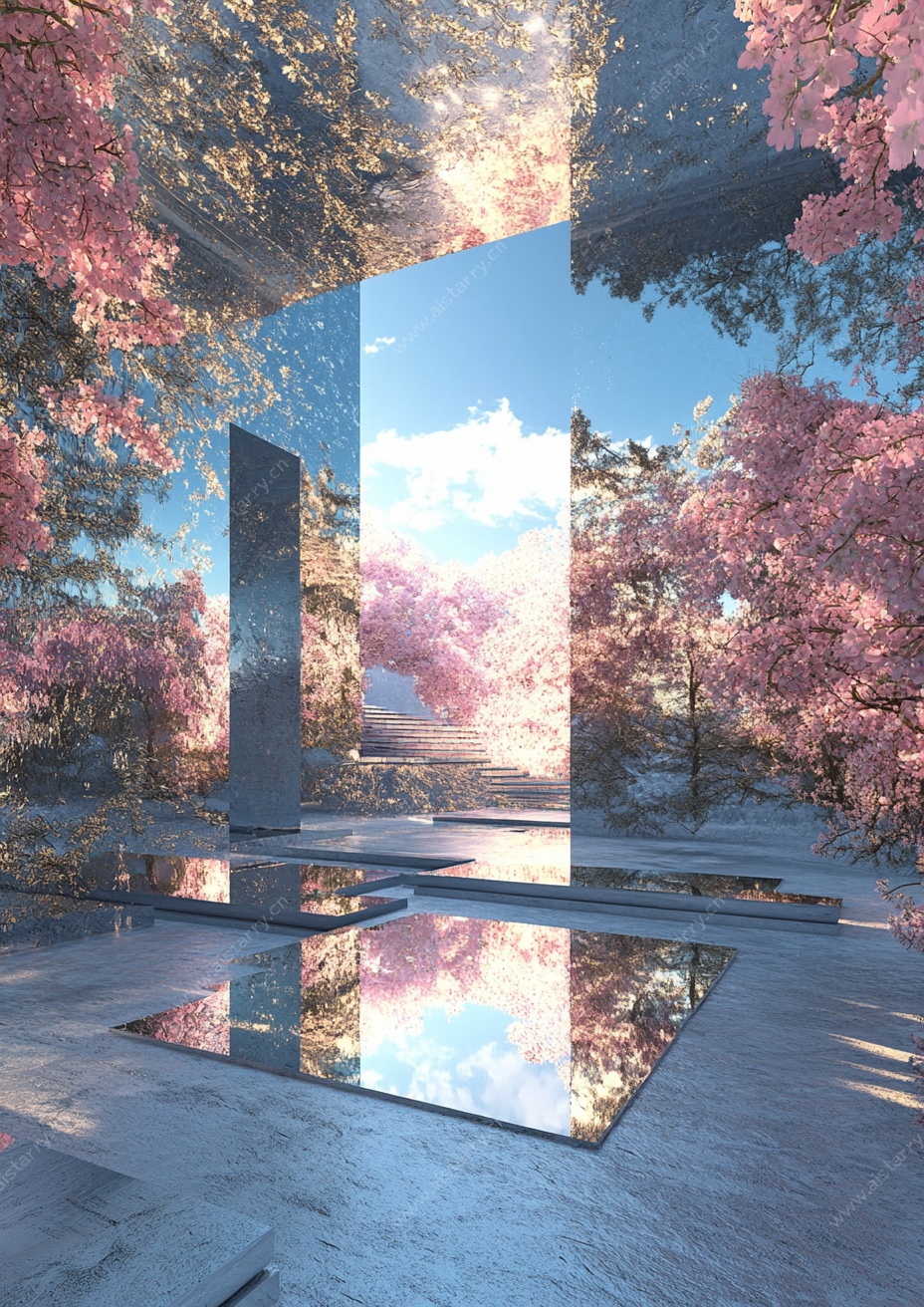 梦幻樱花下的镜面景观