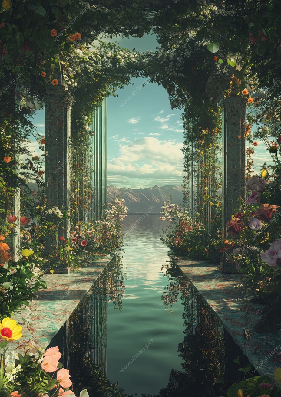梦幻花卉环绕的古典水景