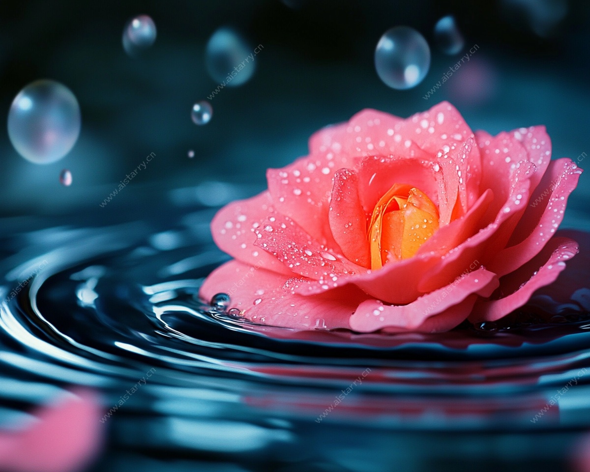 水中粉玫瑰与晶莹水珠