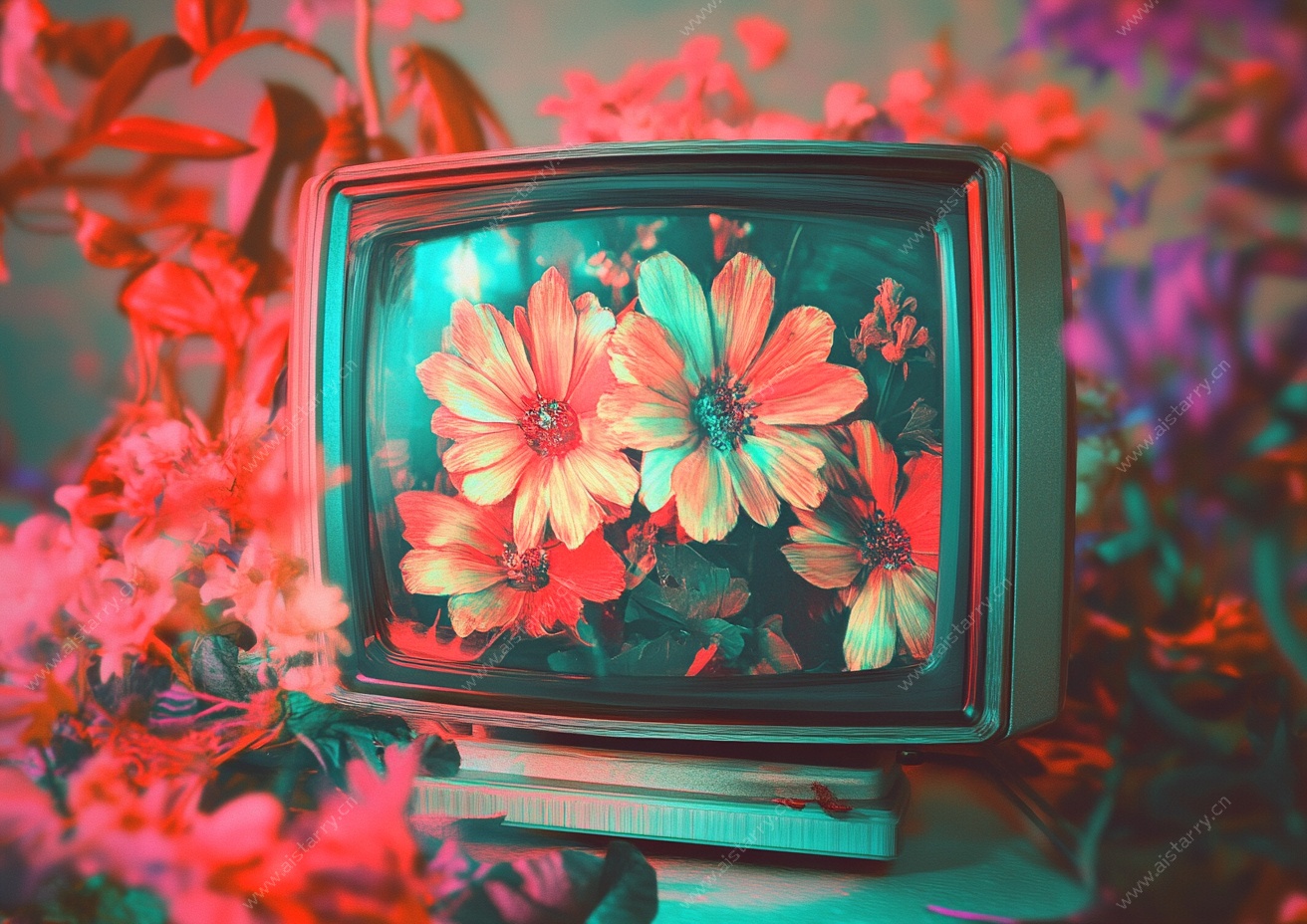 复古电视中的梦幻花卉