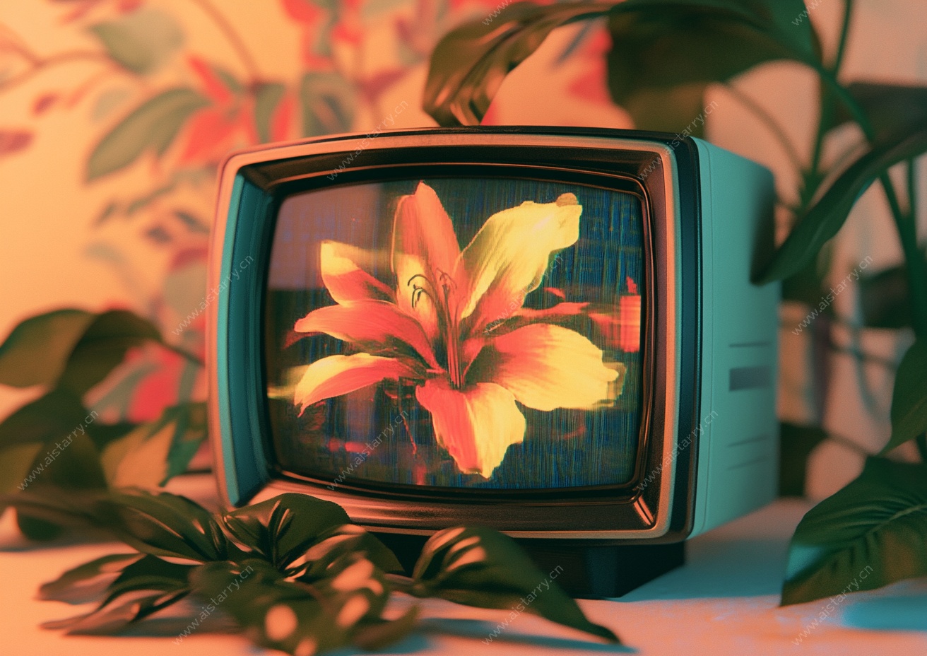 复古电视中的绽放花朵