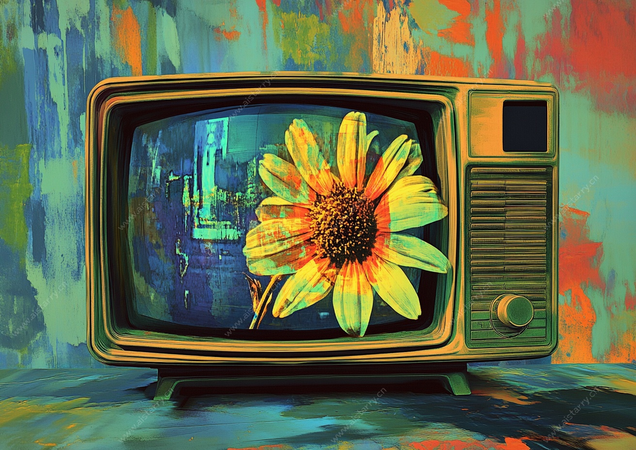 复古电视中的向日葵画面