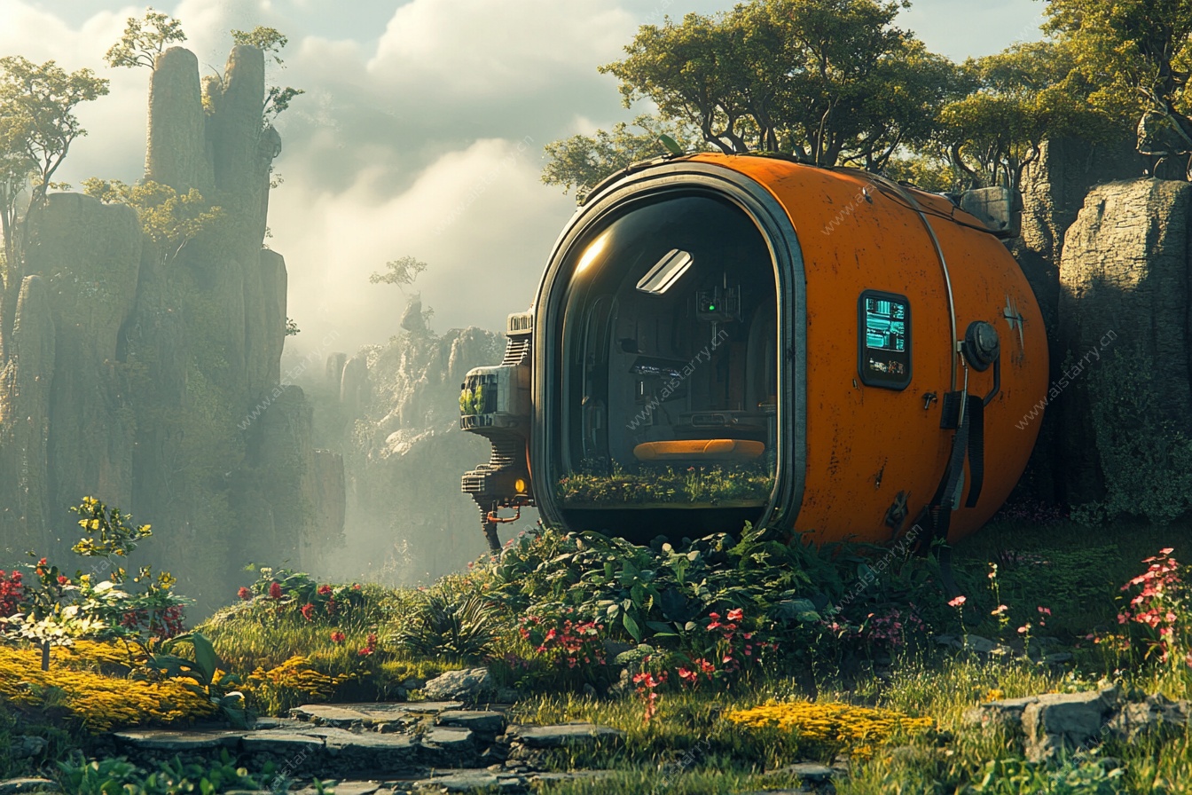 奇幻世界中的橙色未来小屋