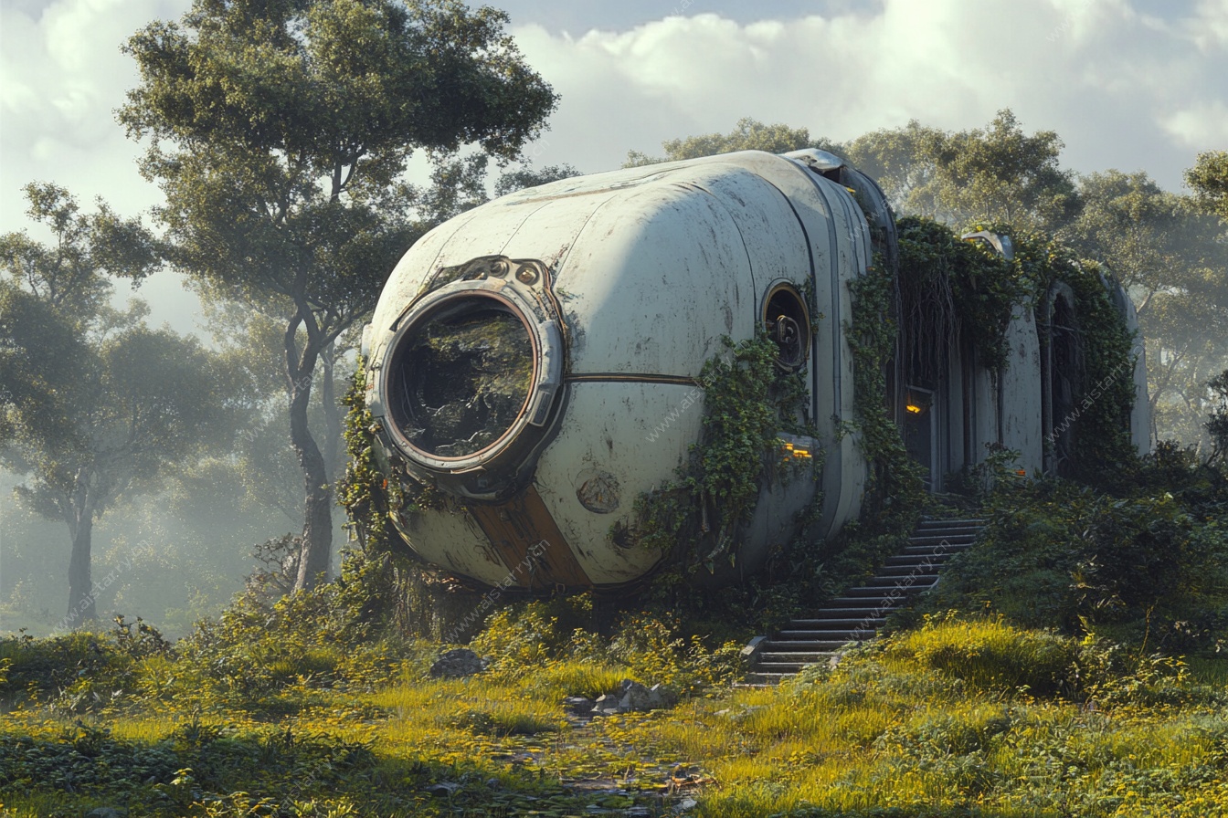 废弃太空舱的自然融合场景