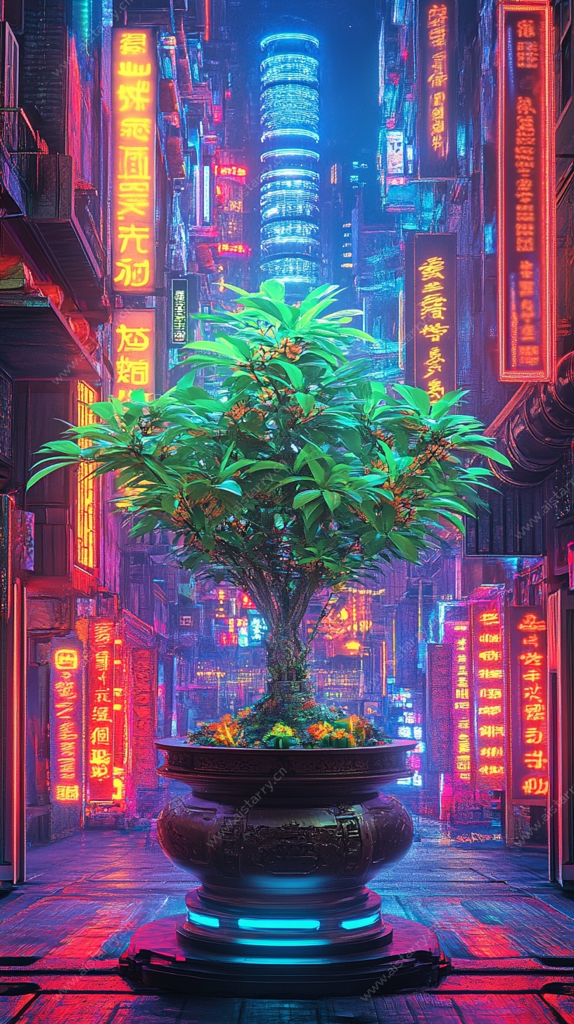 赛博朋克风盆栽夜景图