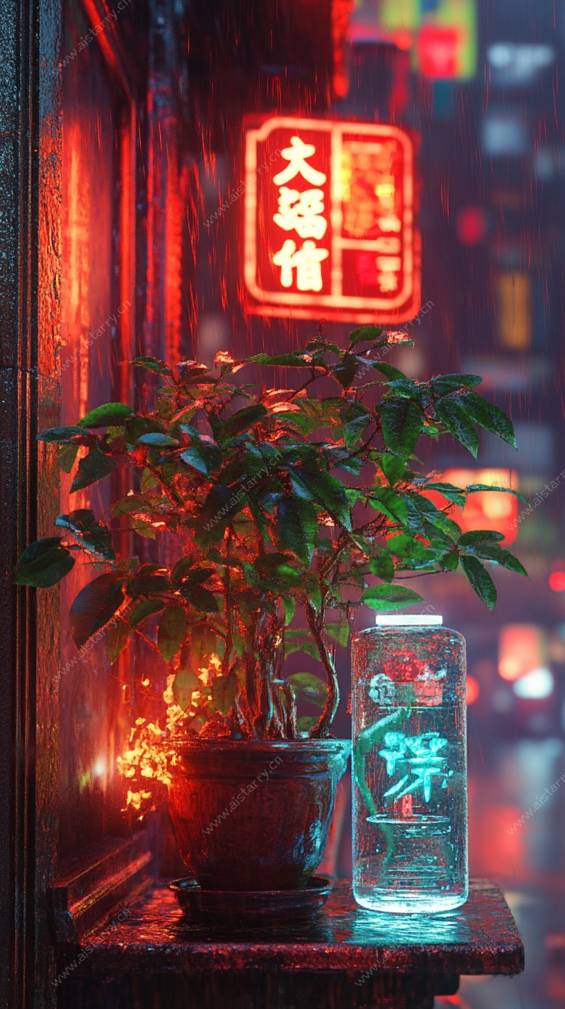 街边绿植旁的霓虹招牌