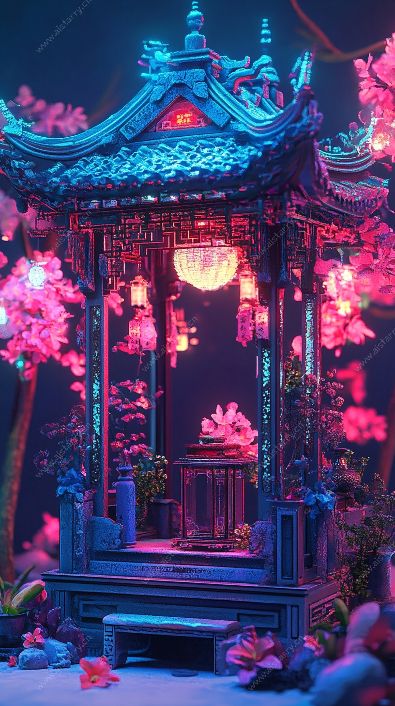 梦幻中式古亭夜景图