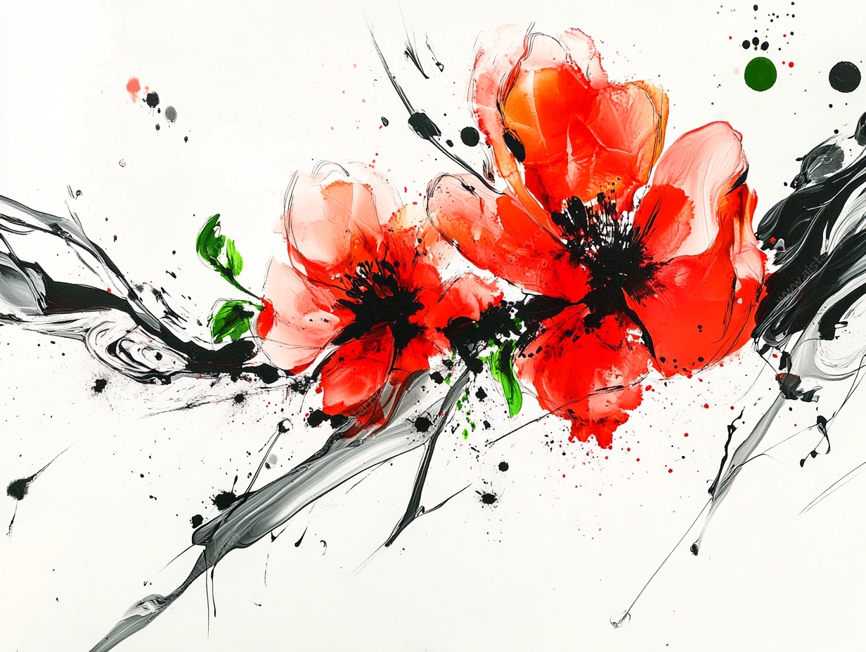 水墨风红色花卉艺术画