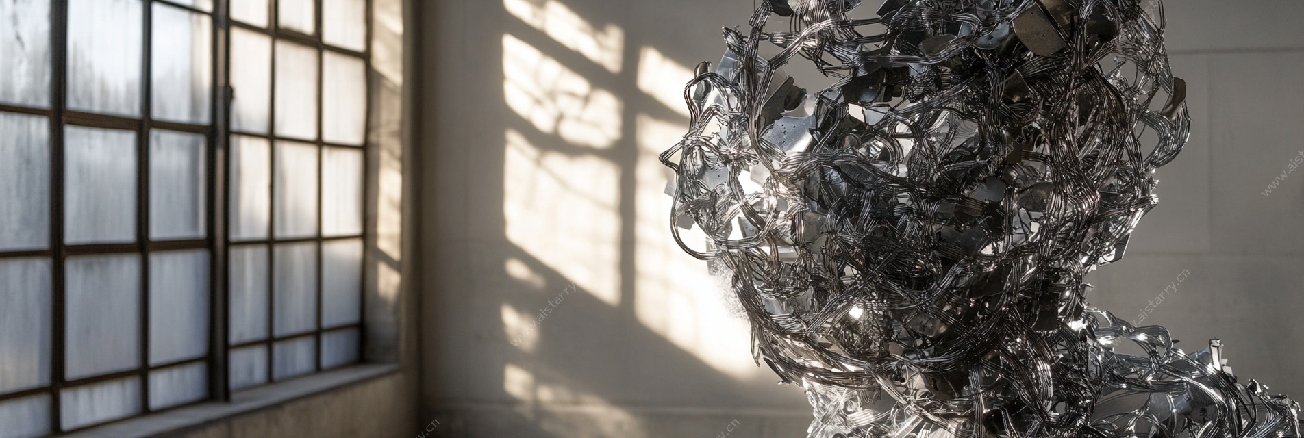 金属头像雕塑 光影室内景