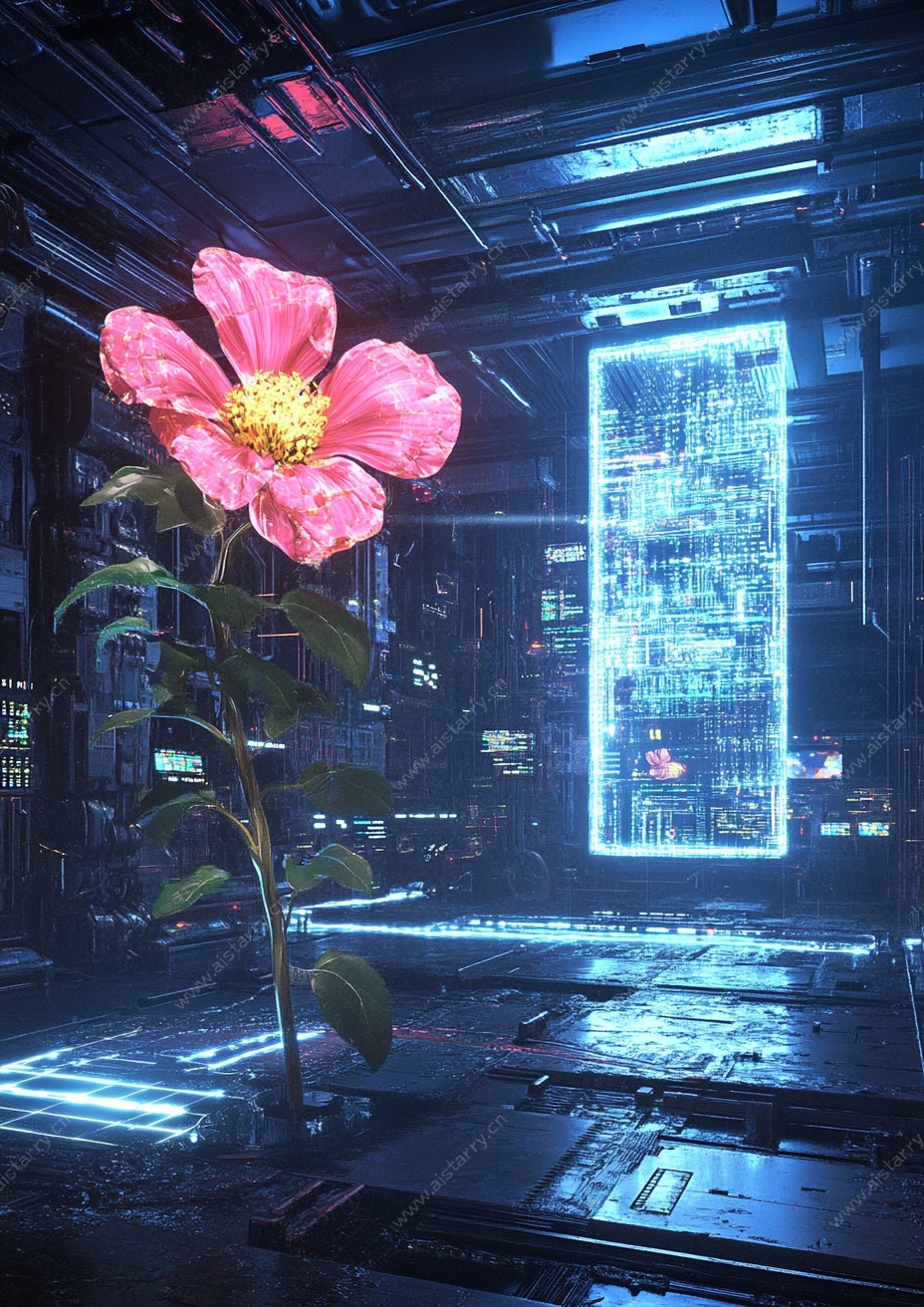 科技空间中的娇艳花朵