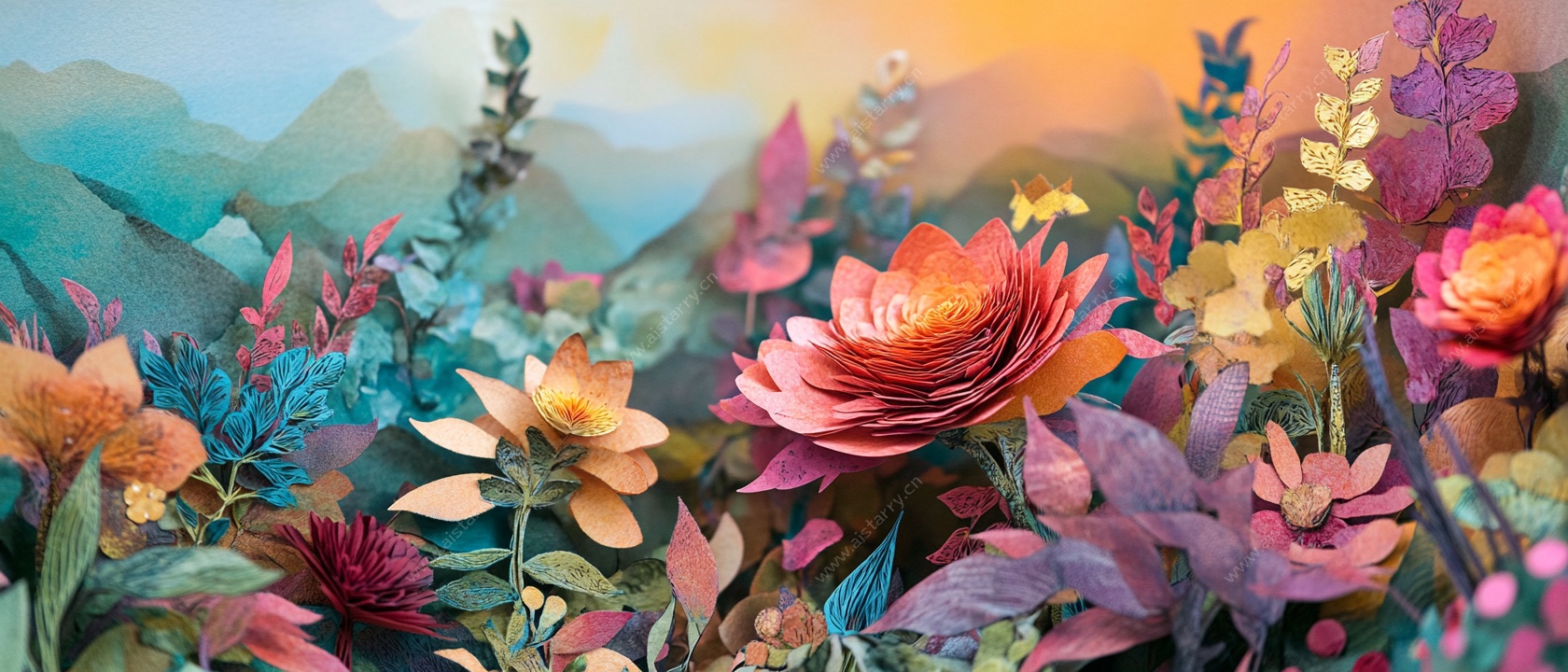梦幻纸艺花卉山间美景