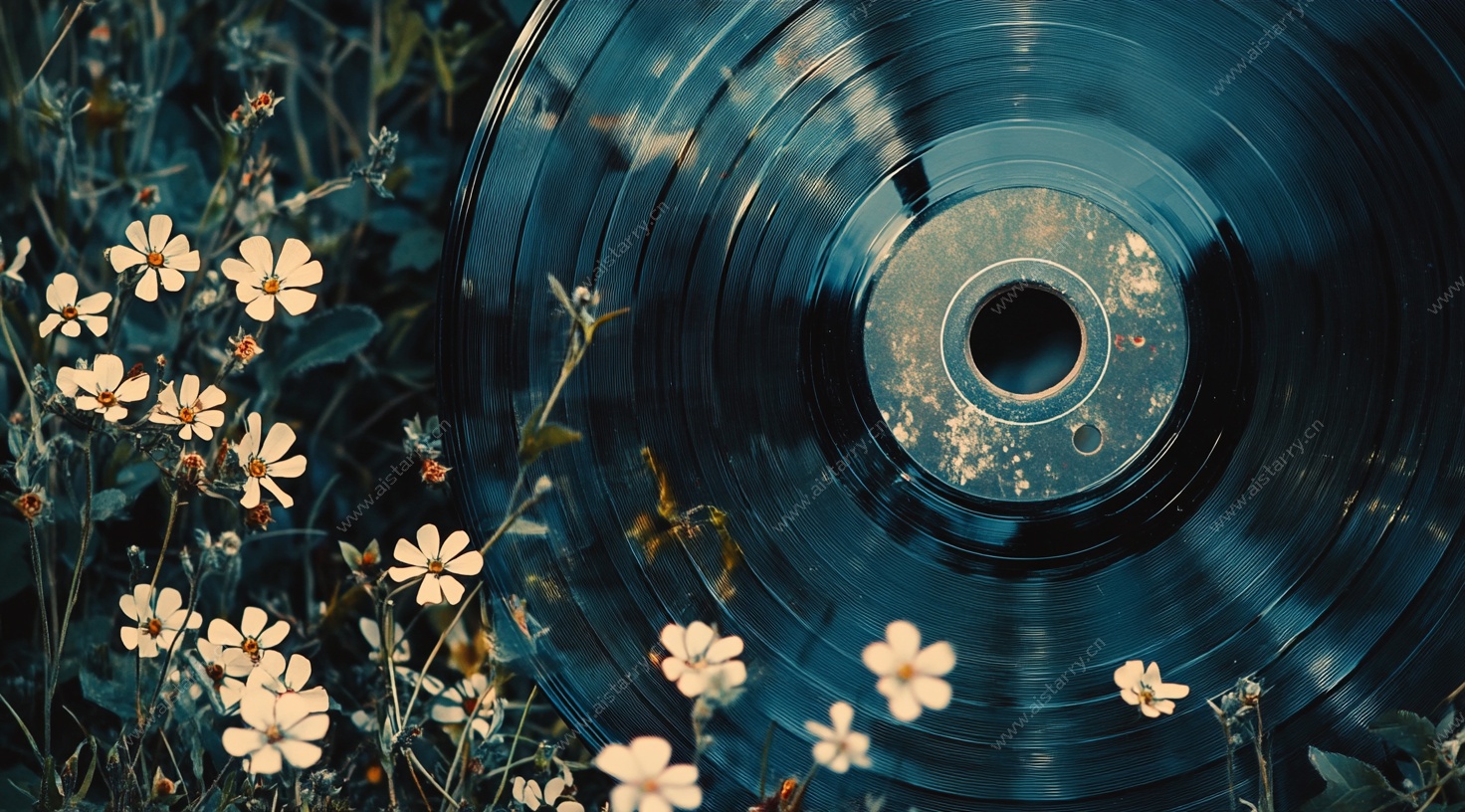 唱片与野花的静谧画面