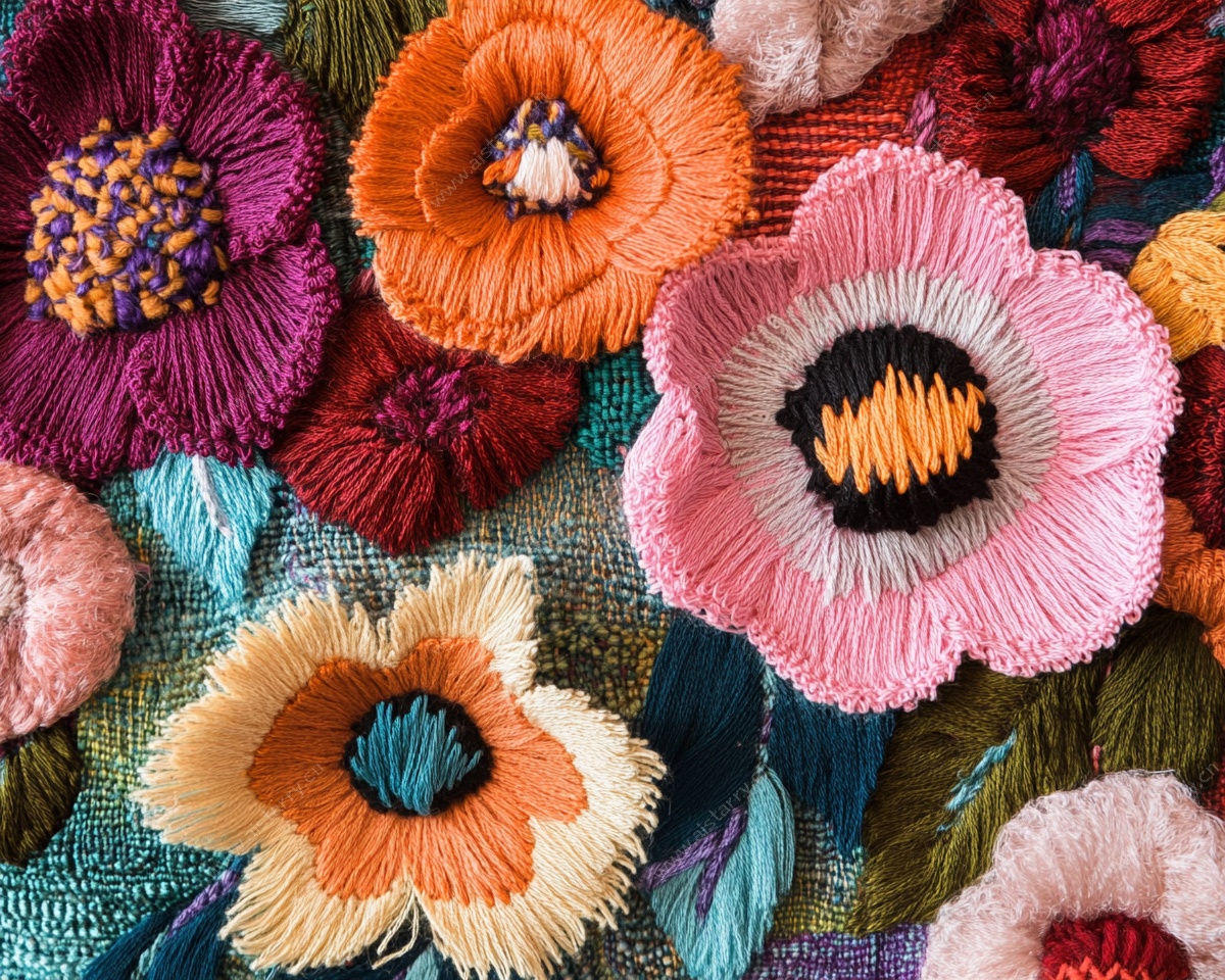 多彩刺绣花卉细节图