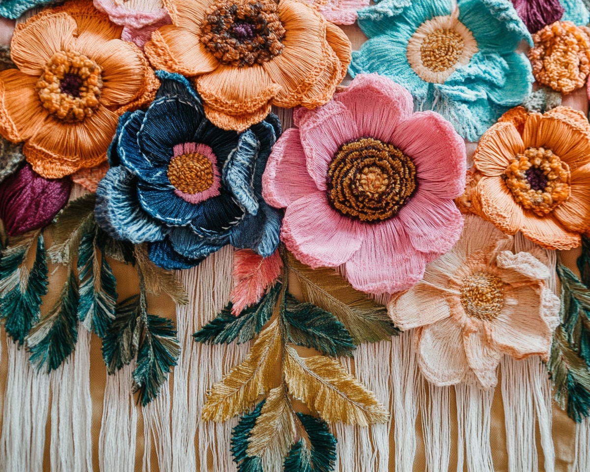 多彩手工刺绣花卉装饰