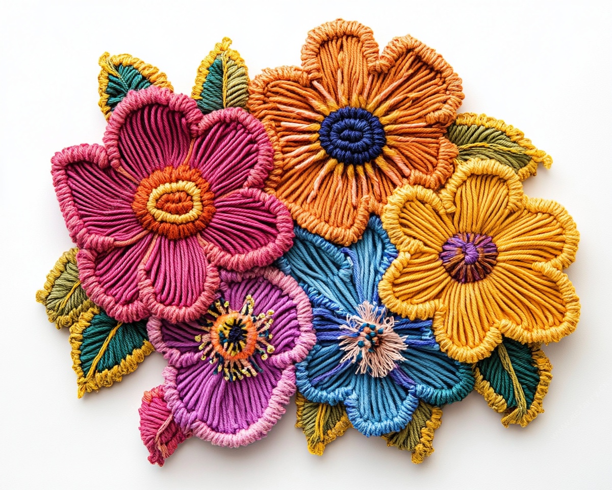 多彩立体刺绣花卉图案