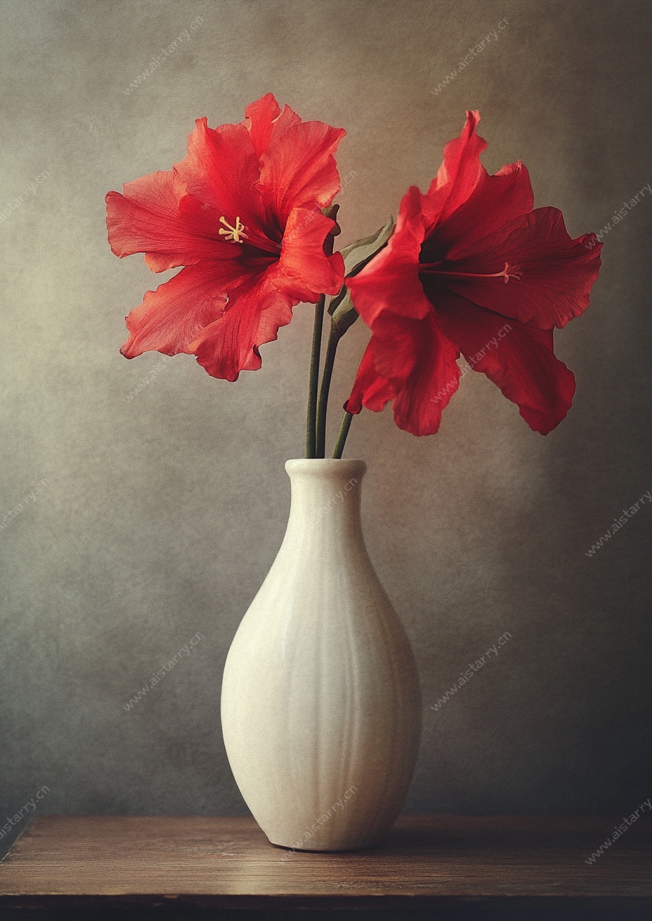 白色花瓶中的艳丽红花朵