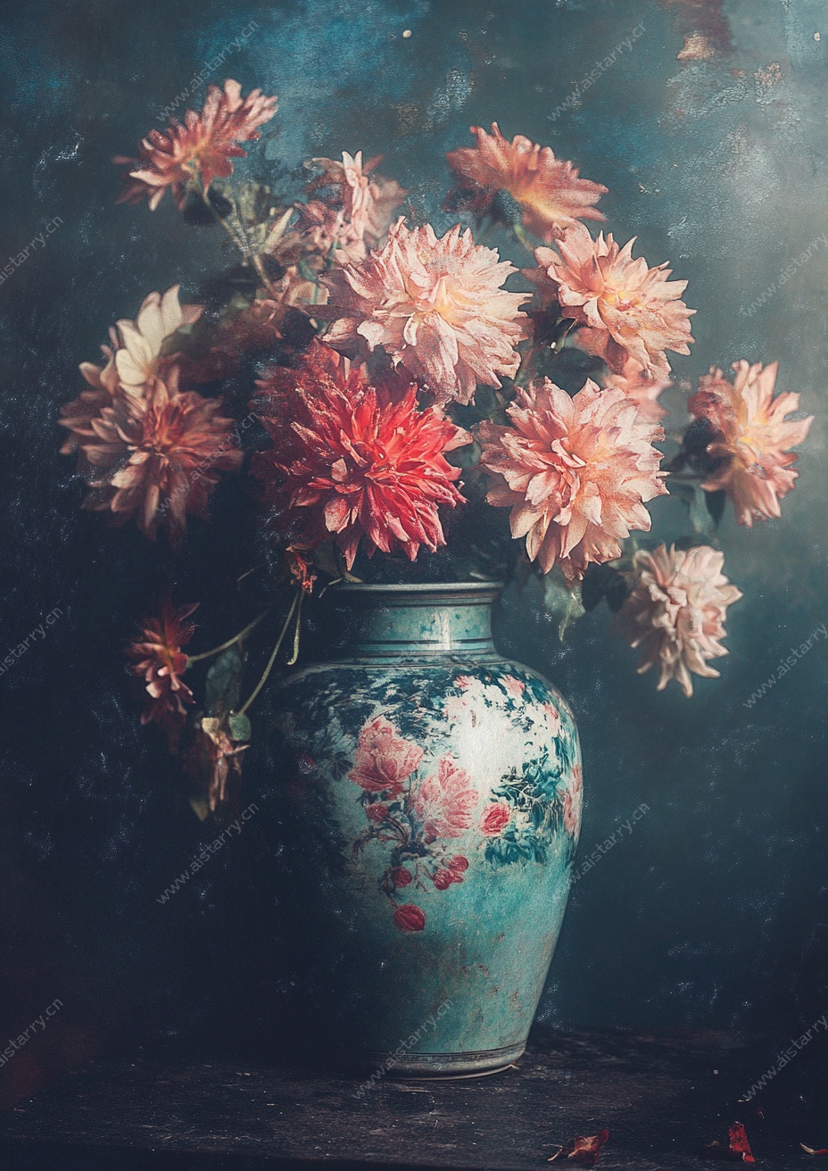 青花瓷瓶插绚丽花卉