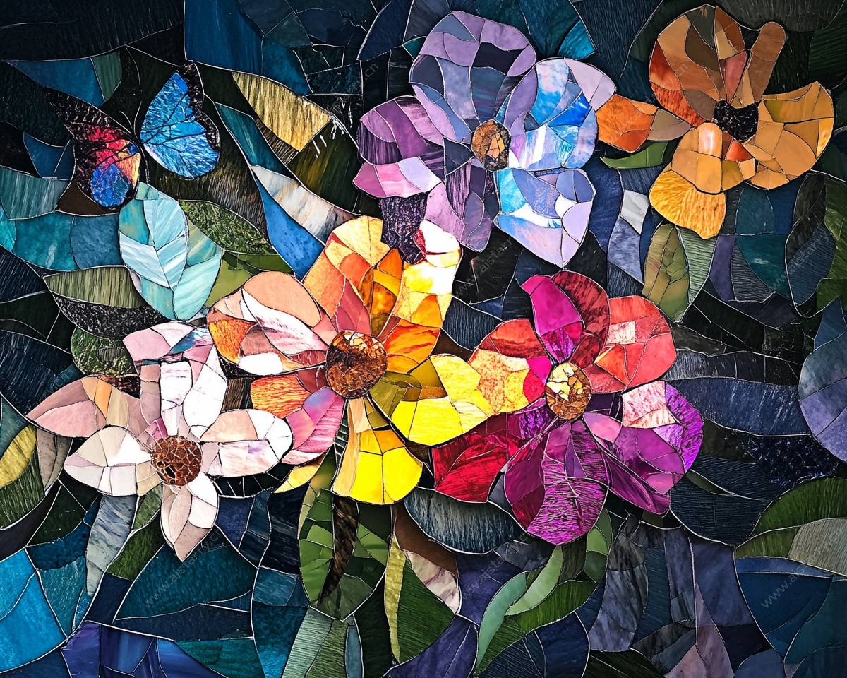 彩色玻璃风花卉与蝴蝶图案