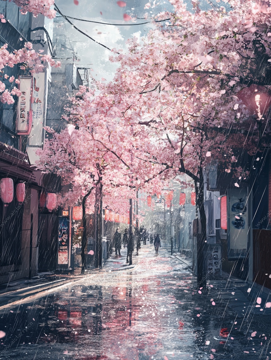 雨中樱花小巷的浪漫景致