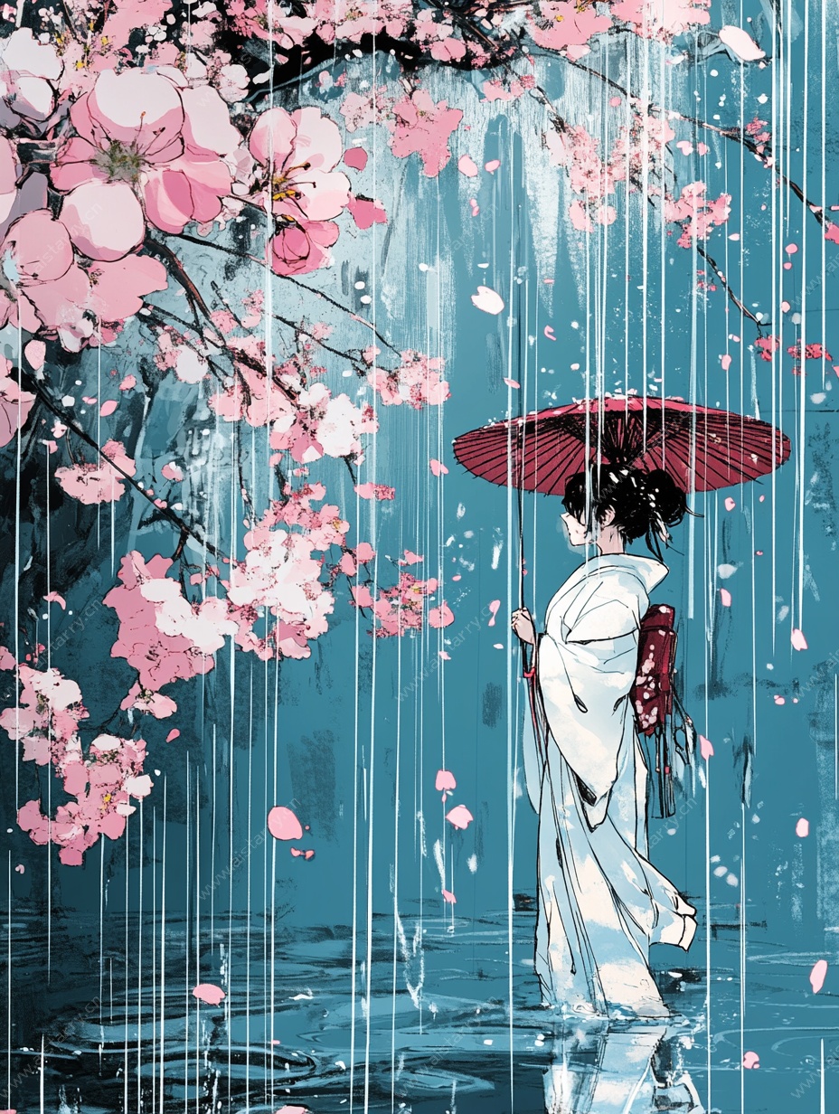 雨中和服女子赏樱图