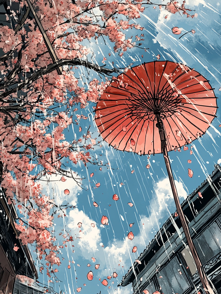 樱花下的红伞梦幻场景