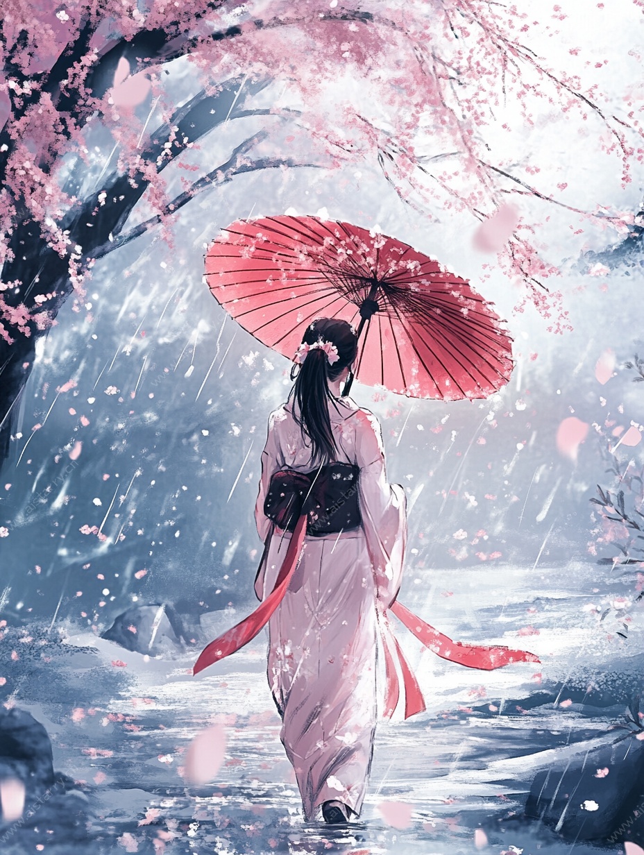 雪中持伞的古风女子