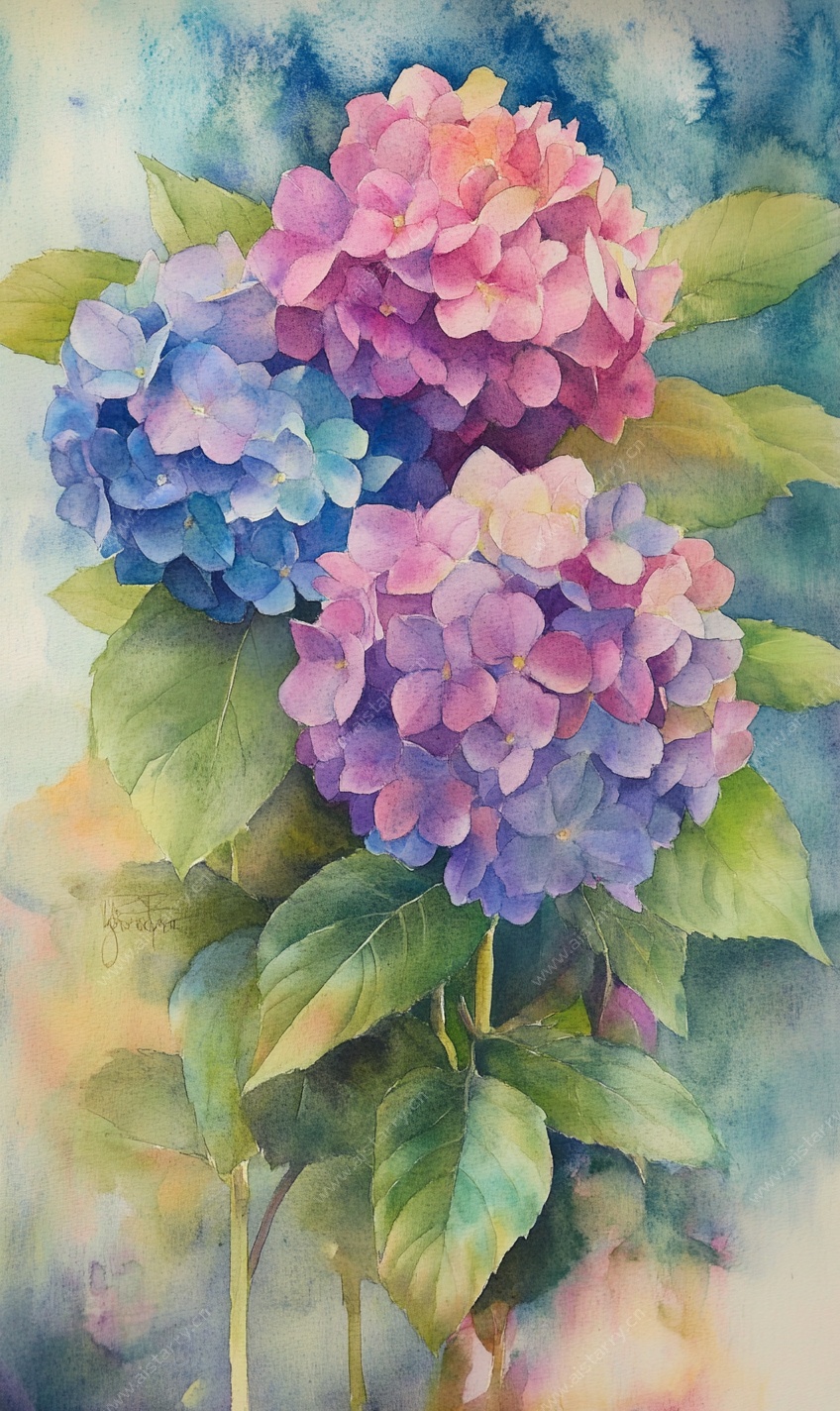 水彩绣球花绘画作品