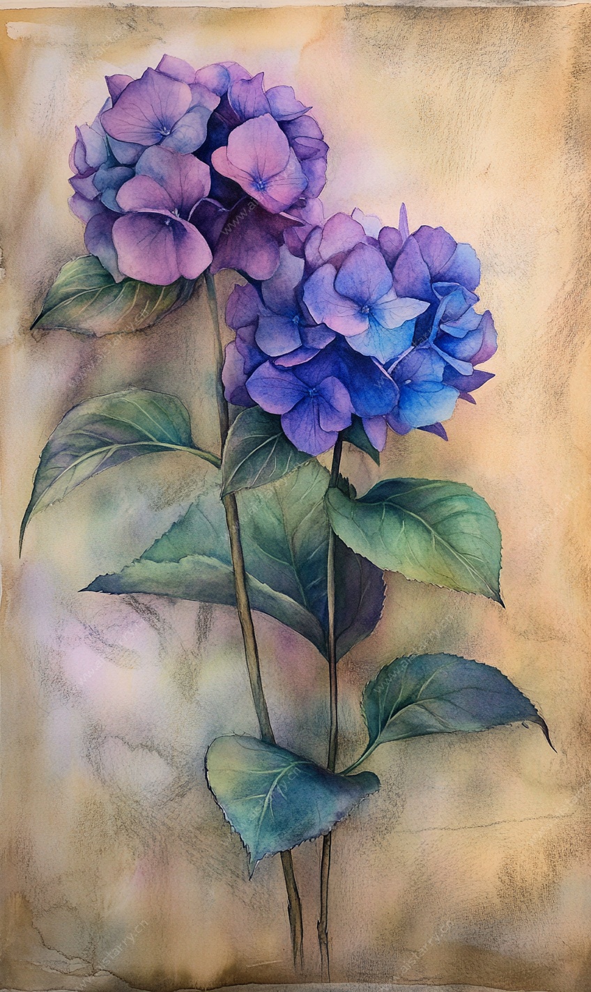 紫色绣球花水彩画