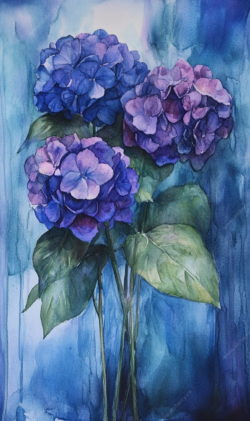 蓝色绣球水彩花卉画