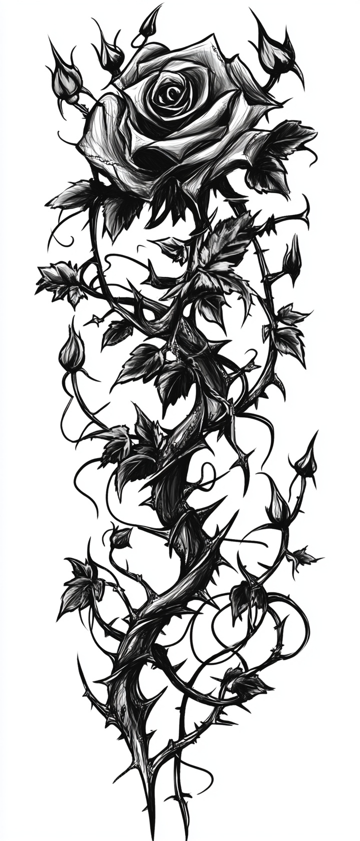 黑白玫瑰藤蔓纹身图案
