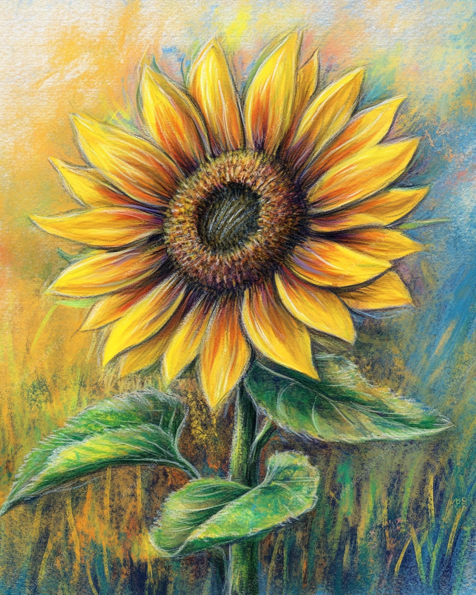油画风向日葵独株特写