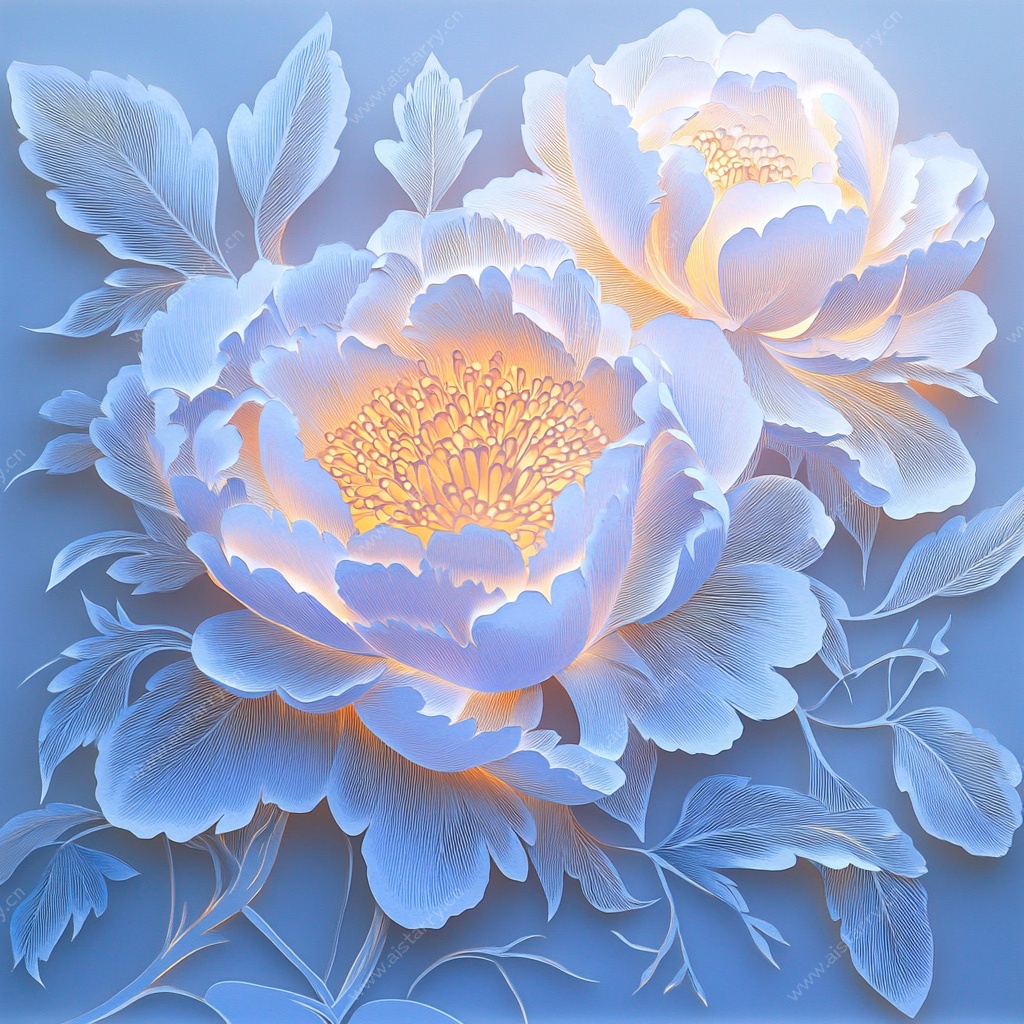 梦幻蓝调牡丹花插画