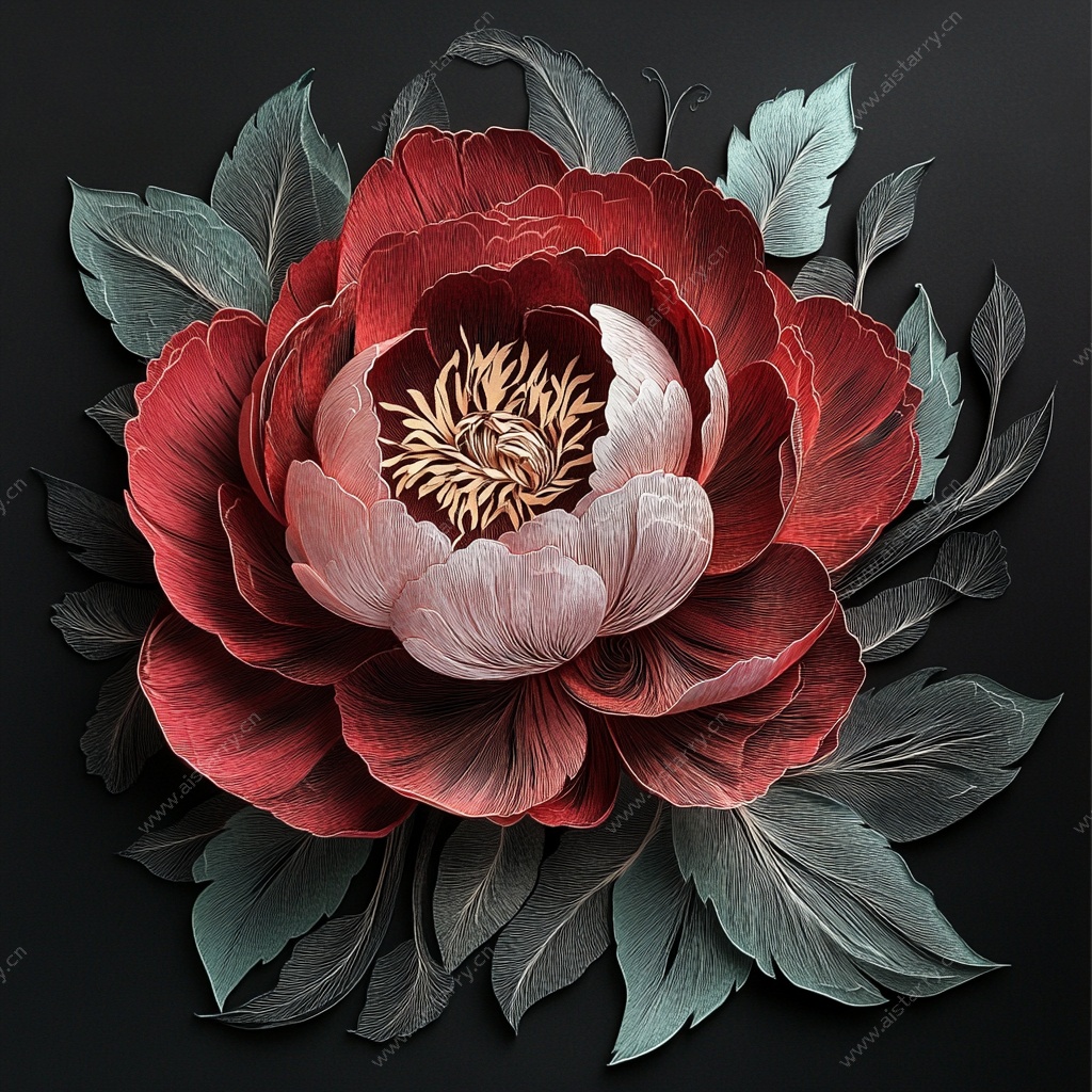 立体红牡丹花卉插画