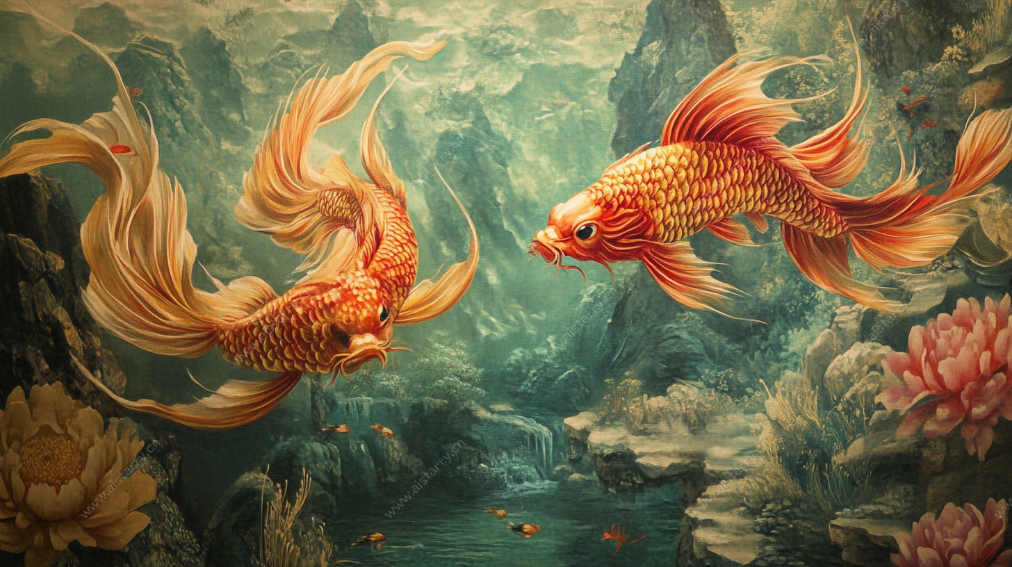 双金鱼畅游梦幻山水间