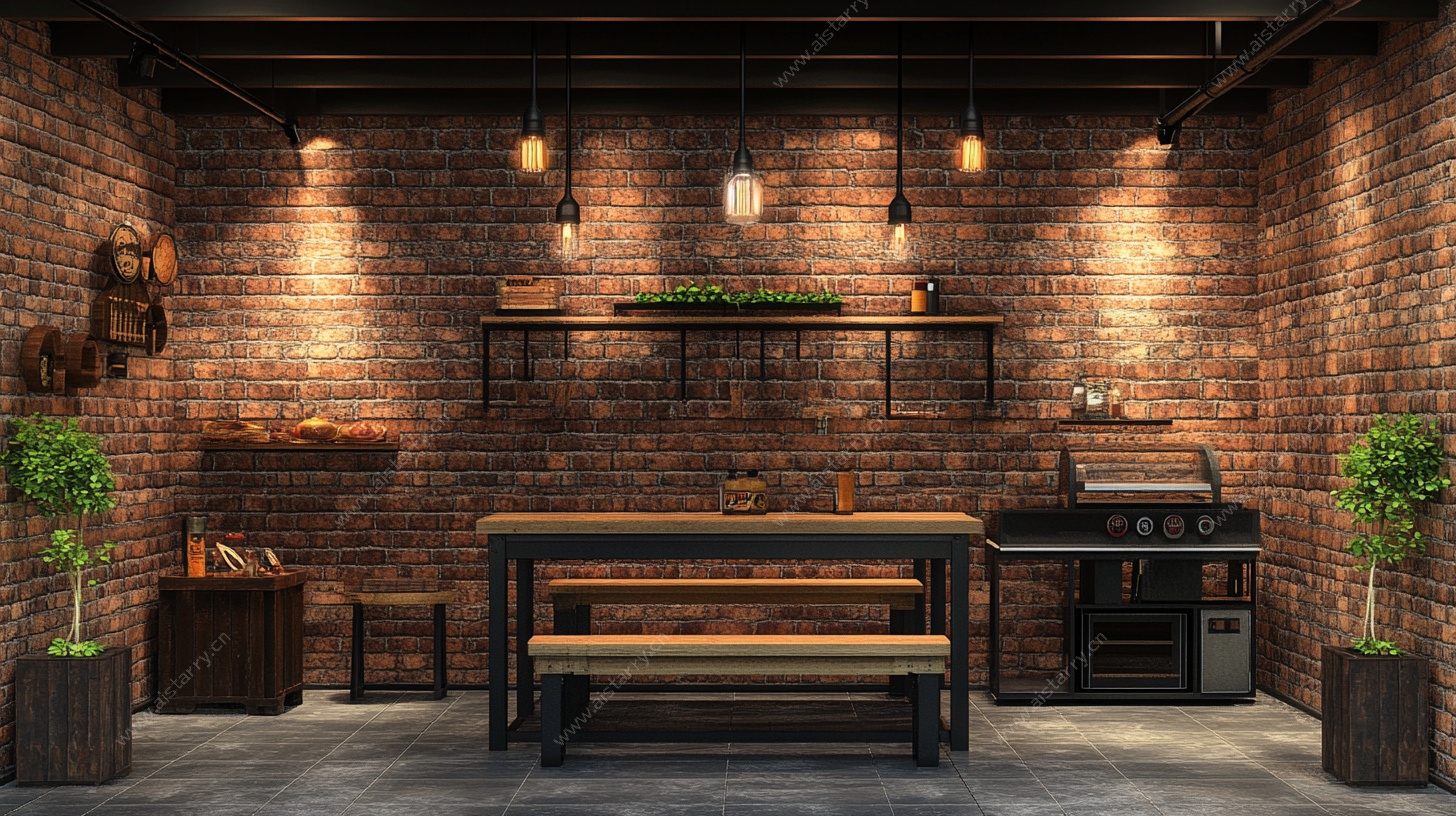 工业风室内砖墙餐桌场景