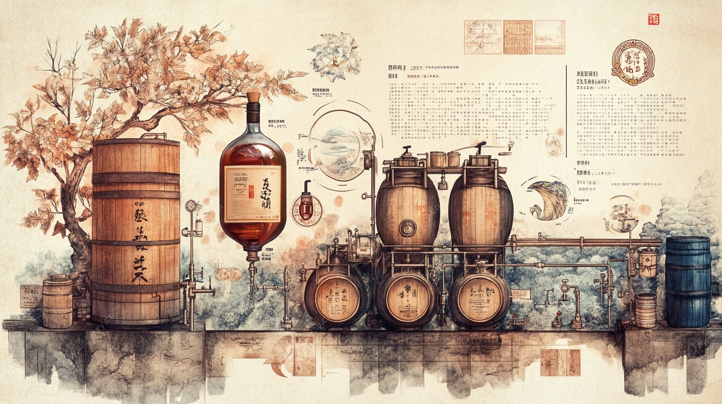 复古风酒桶与酿酒器具图