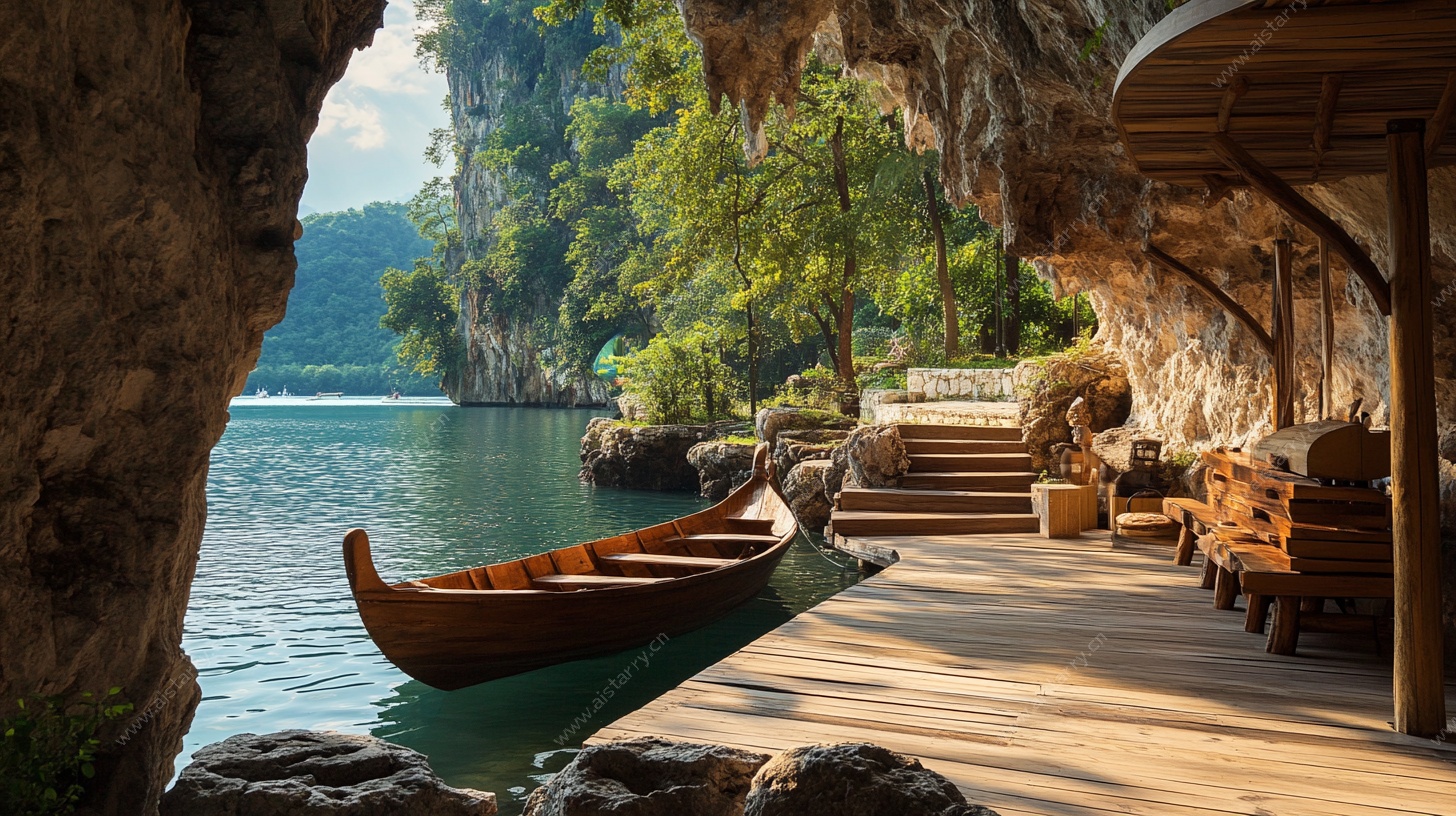 洞穴湖畔的木质休憩场景