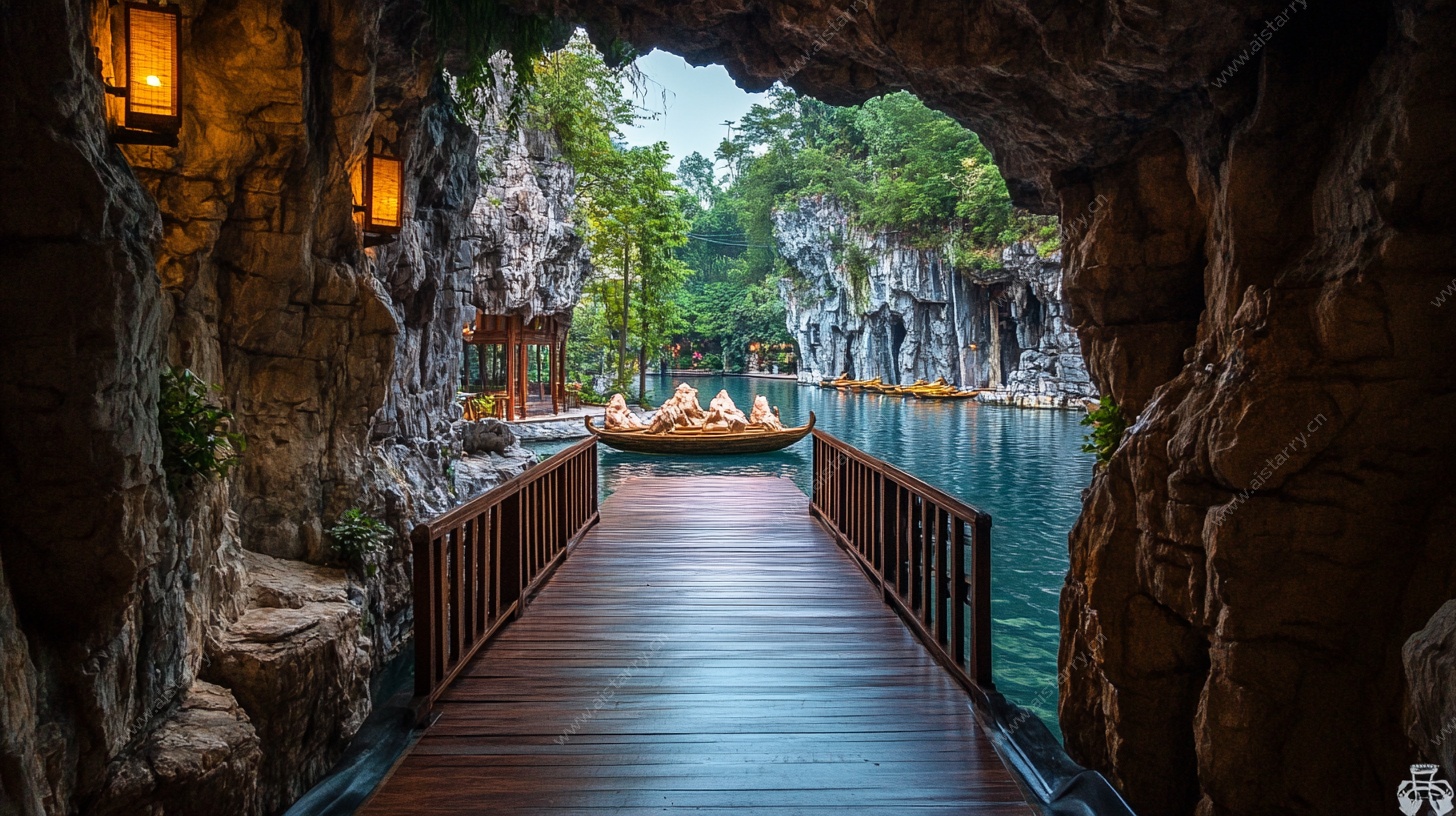 洞穴栈道通向湖景风光
