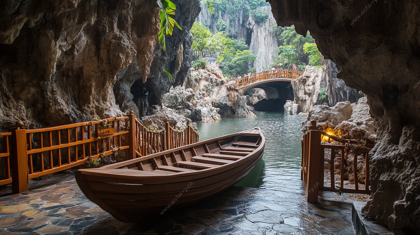洞穴内的古朴小船景观