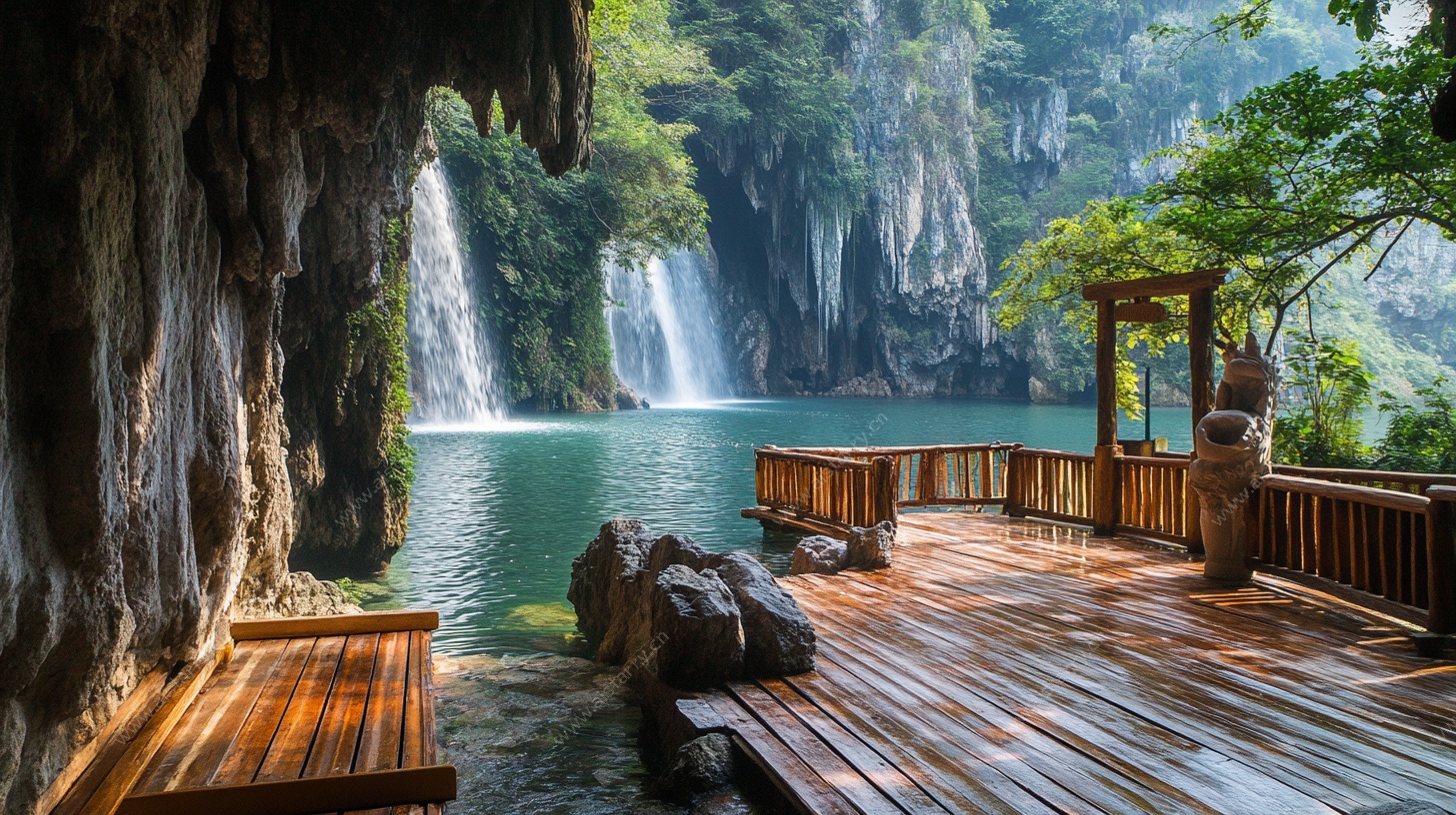 山间瀑布旁的木质观景台