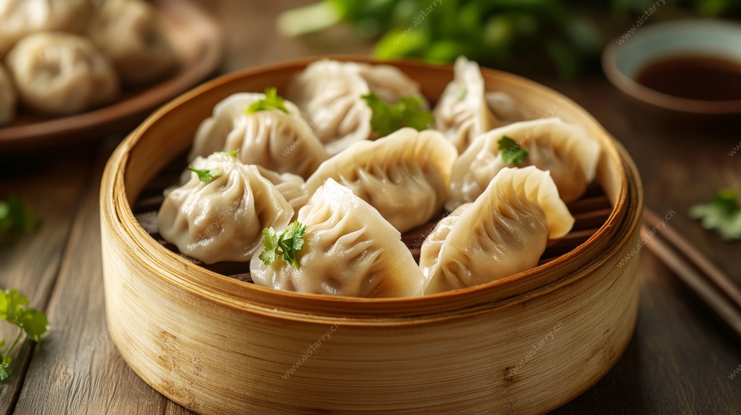 竹笼蒸饺摆拍图