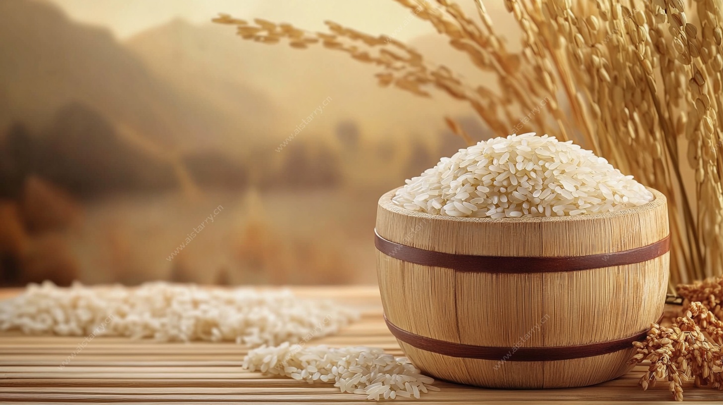 木碗盛米的田园丰收景象