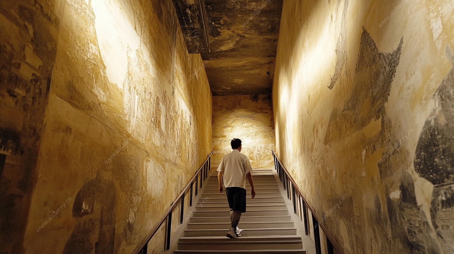 男子独行于古老昏暗楼道