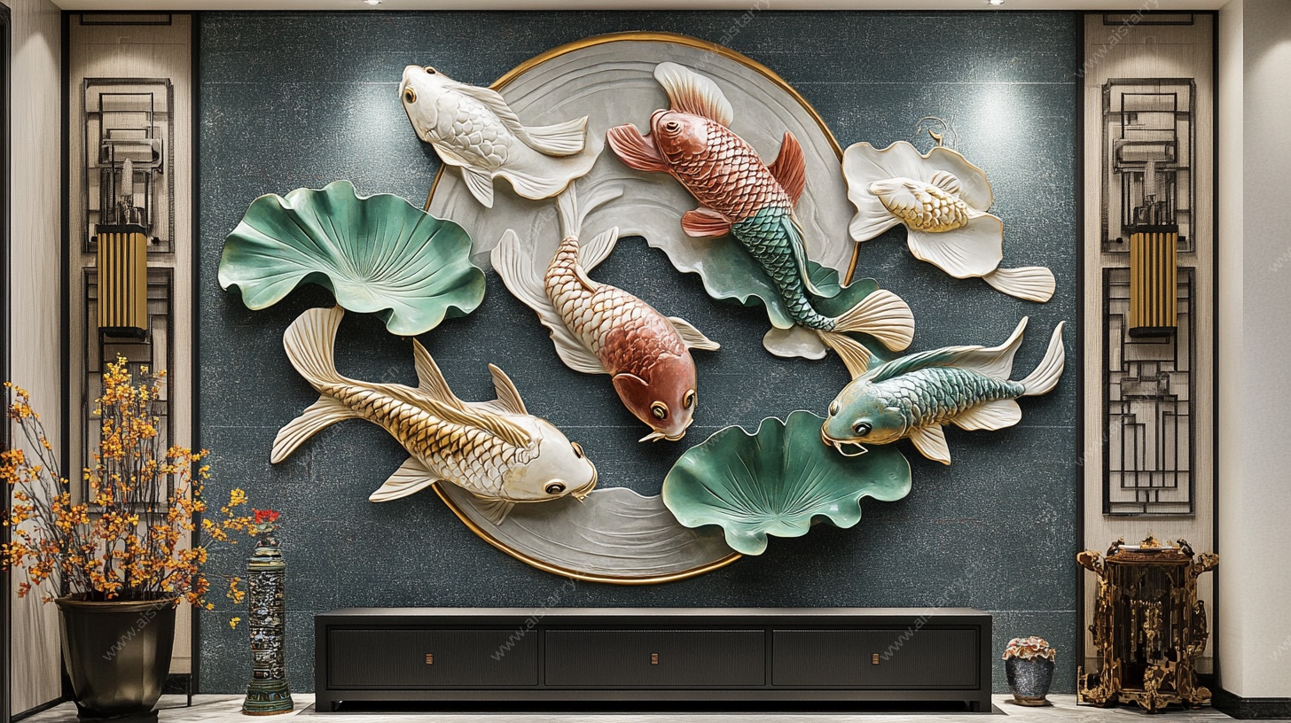 中式浮雕九鱼图墙面装饰